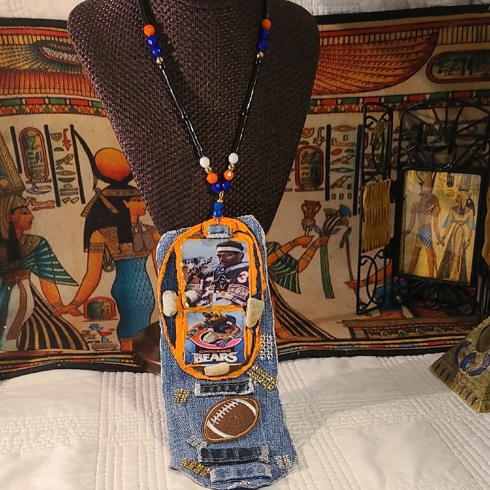 Handcrafted Denim CHICAGO BEARS  Football Themed JUNK NECKTIE Necklace